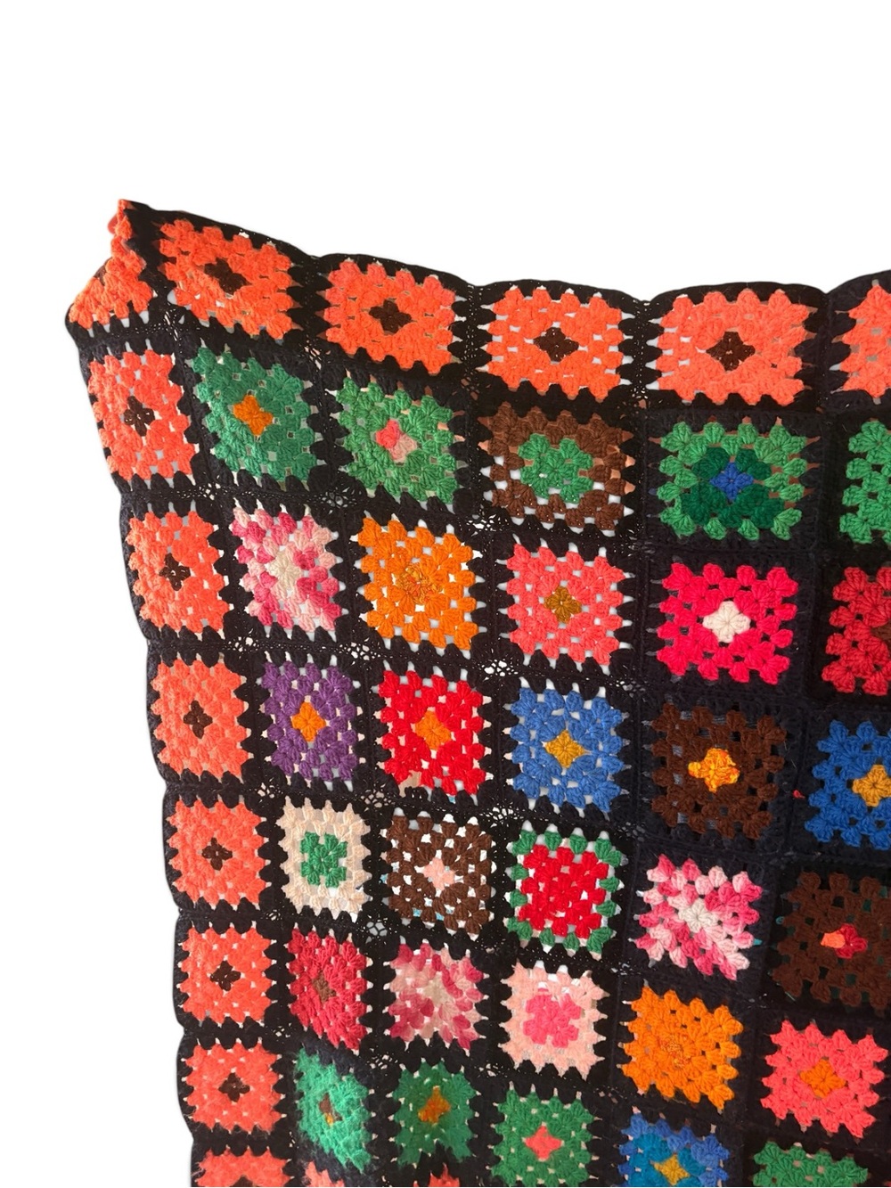 Vintage Granny Square Crochet Afghan Blanket Colorful Black Retro Boho 60x54 - Picture 6 of 6